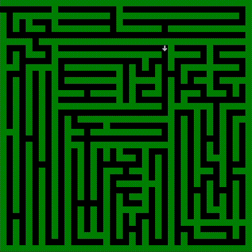 Animation of a blocky green maze being solved by a little arrow avatar. The avatar is performing the "follow the left wall" algorithm and slowly moving through the maze going up and down corridors. The animation starts over before the avatar finishes the maze.